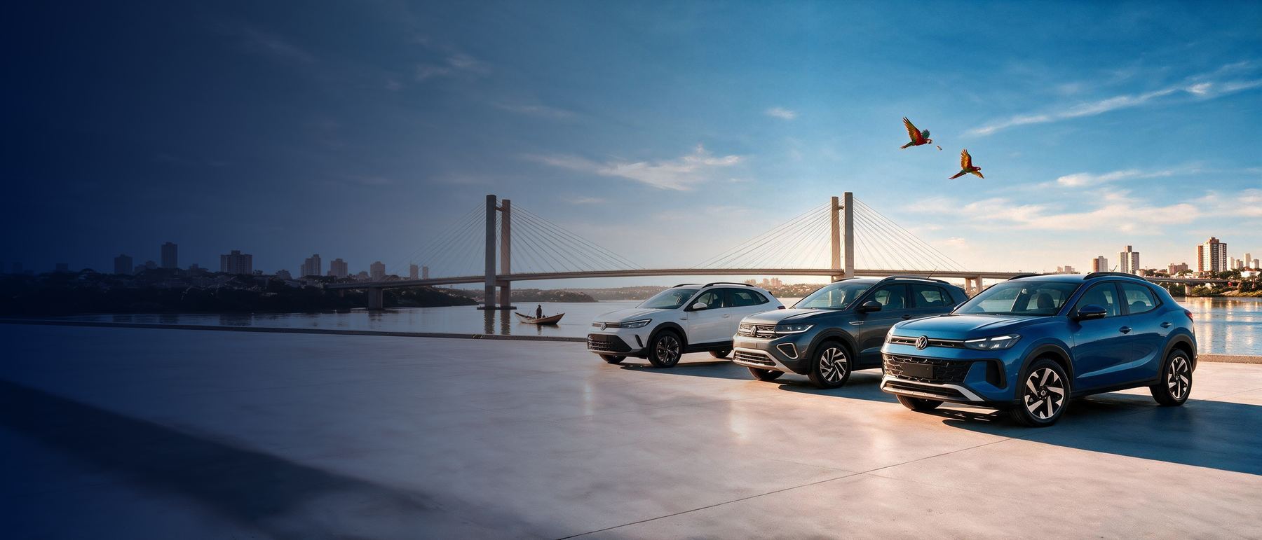 Volkswagen Nivus, T-Cross e Tera 0km à beira do rio, com a ponte estaiada de Cuiabá ao fundo